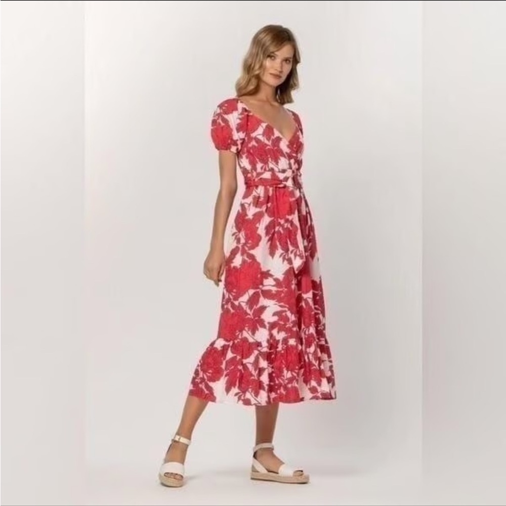LUSANA Leeta Belted Rosa Midi Dress Wrap Puff Sleeve Cotton Red White Size M/L